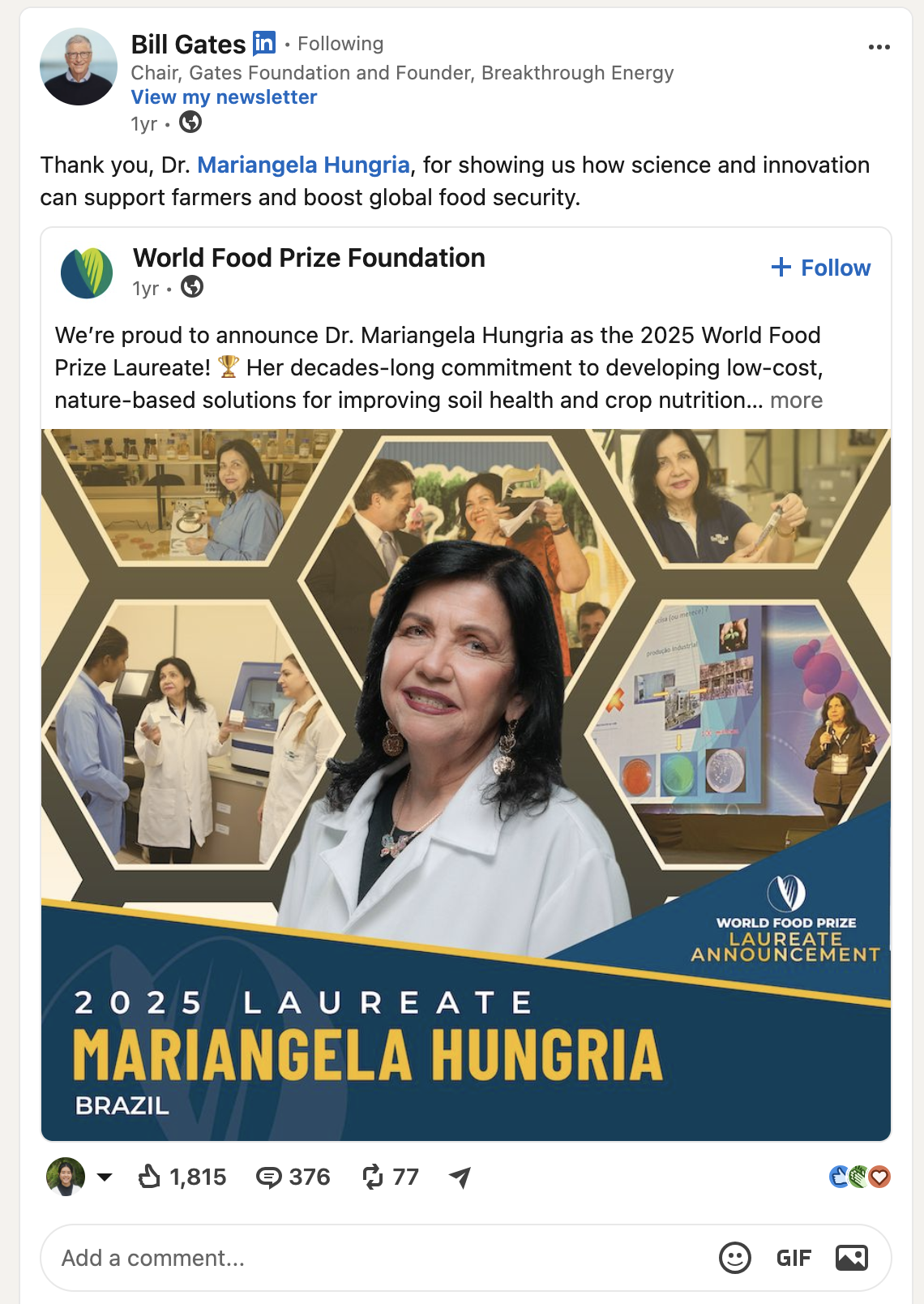 A screenshot of Bill Gates's LinkedIn repost of World Food Priz post featuring the laureate announcement social media 