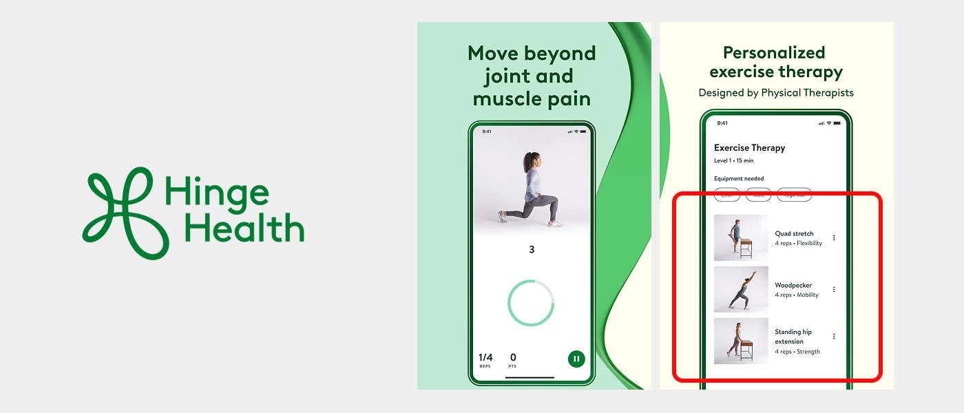 Hinge Health app showcasing personalized exercise therapy featuring images of various exercises. Hinge Health logo appears on the left against a light gray background.