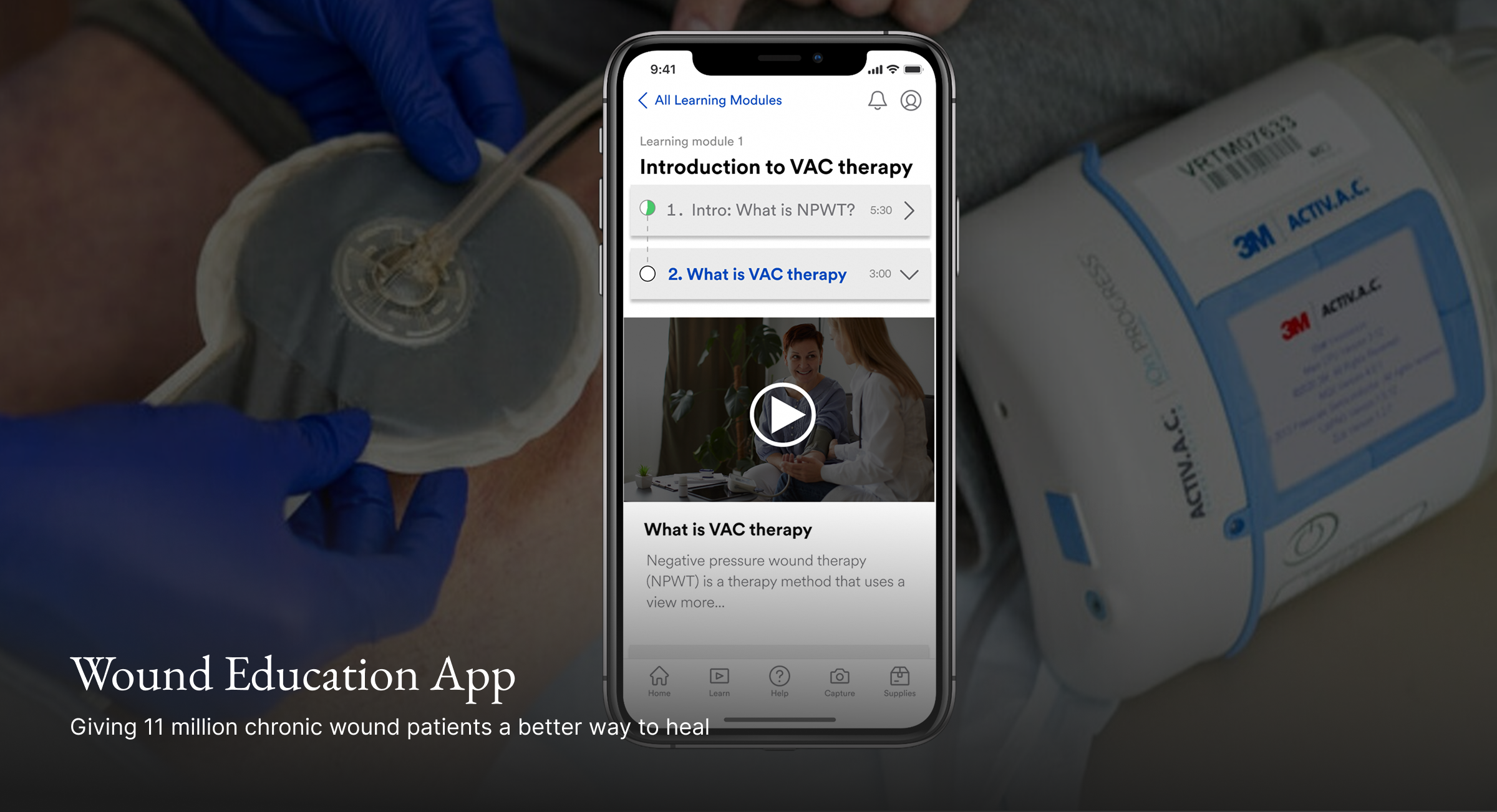 A wound education mobile app screen with a negative wound therapy machine on the background