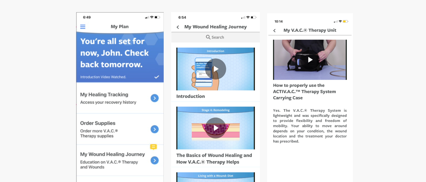 Three screens of previous mobile app showing the home, wound healing journey, and video screens. 