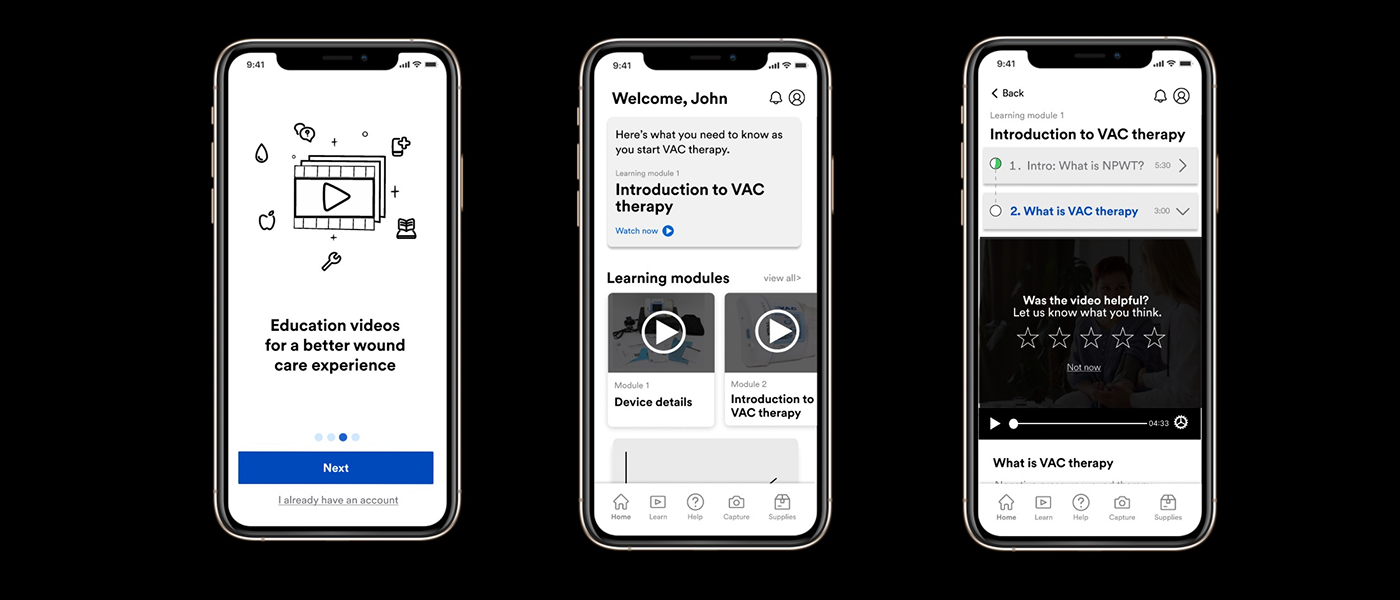 Three high-fidelity mockups of the wound education app screens, including onboarading, home screen, and education content with the title Introduction to V A C therapy.
