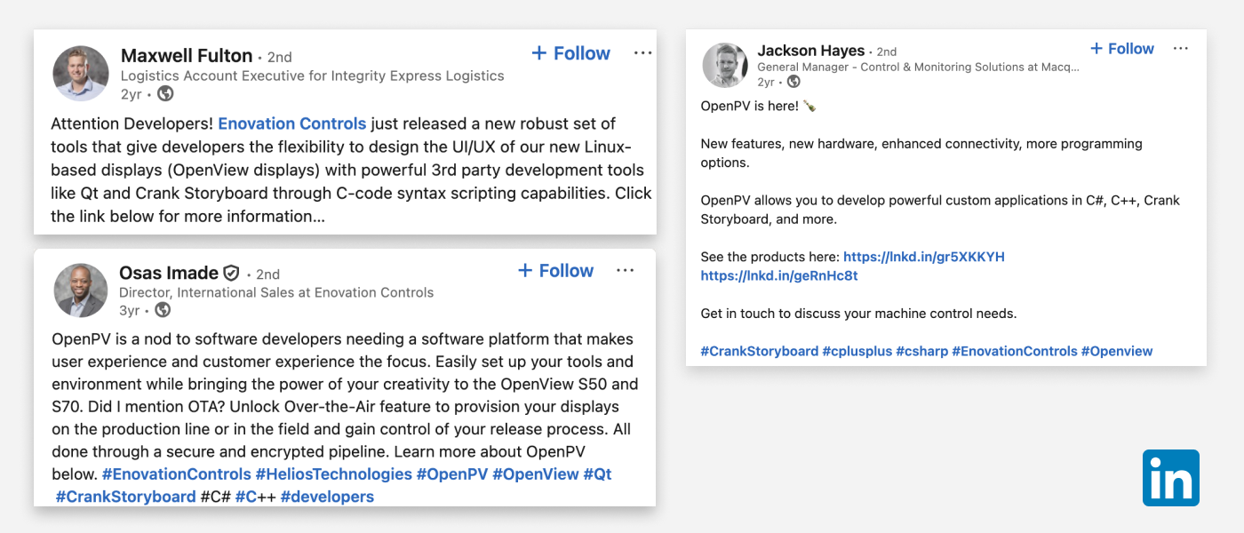 Three LinkedIn posts about the launch of OpenPV from stakeholders and internal teams