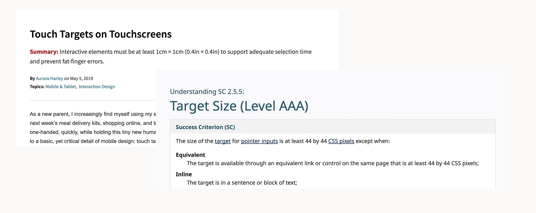 Two screenshots from online about touch target size reference