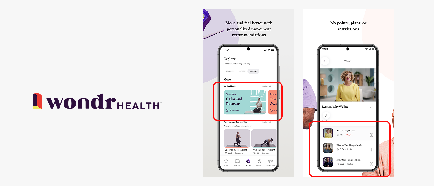 Wondr Health app showcasing movement recommendations with sections labeled Calm and Recover and Strength and Energy Awareness. Wondr Heatlh logo appears on the left on a light gray background. 