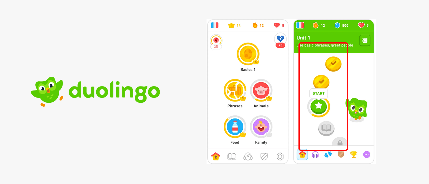 Duolingo app showcasing lesson categories. The right section includes a START button and a duolingo mascot. Duolingo logo appears on the left on a light gray background.
