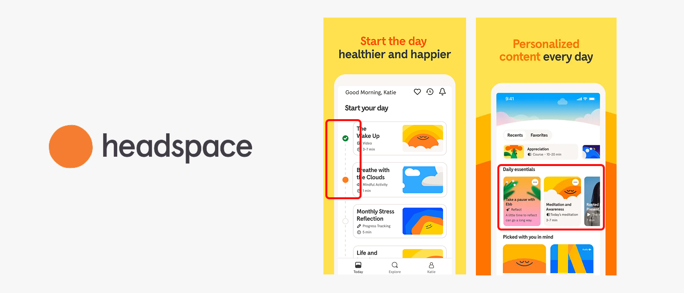 Headspace app showcasing mental health contents in horizontal and vertical order. Headspace logo appears on the left against a light gray background.