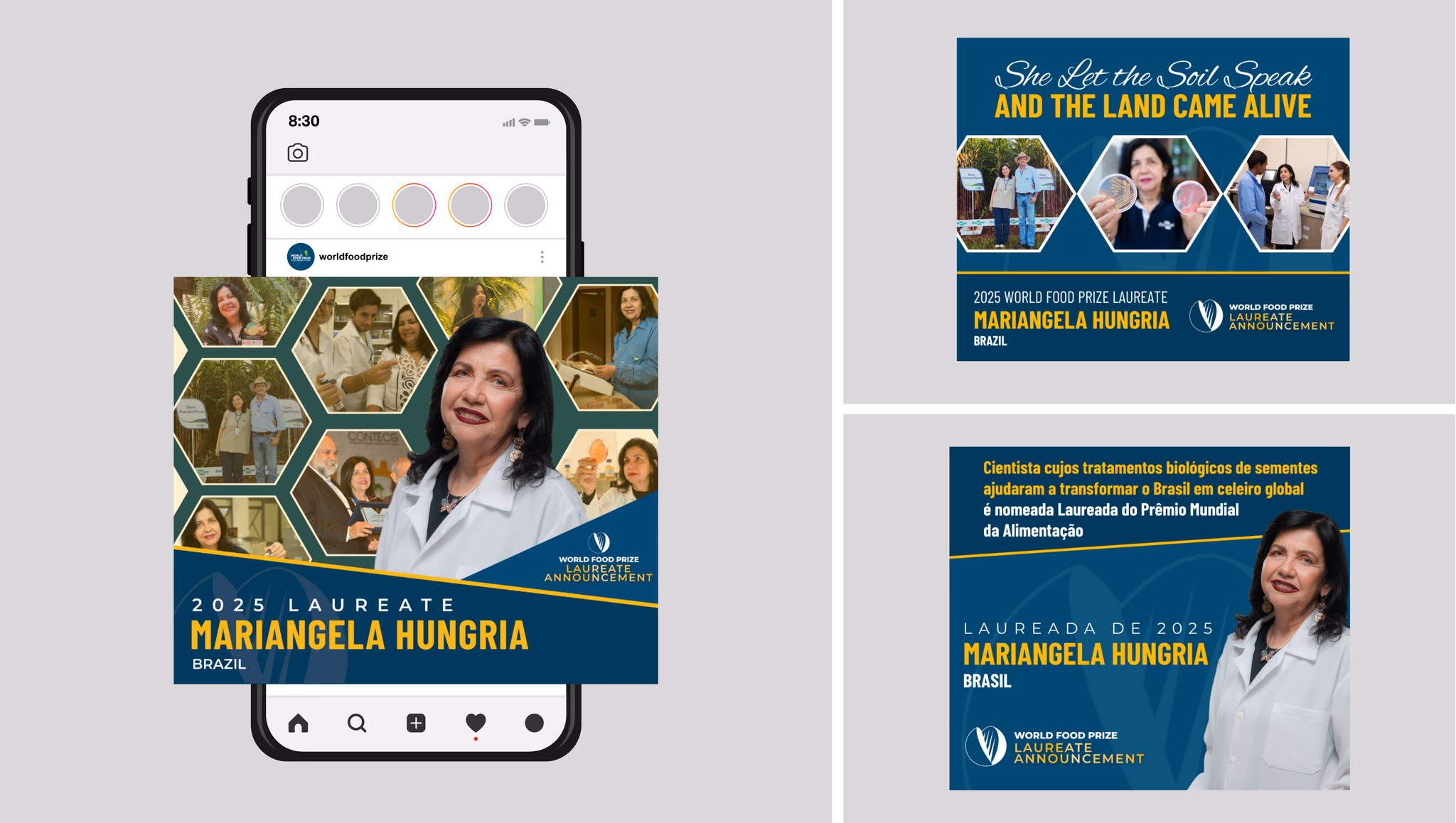 Instagram mockup showing three versions of the laureate announcement designs