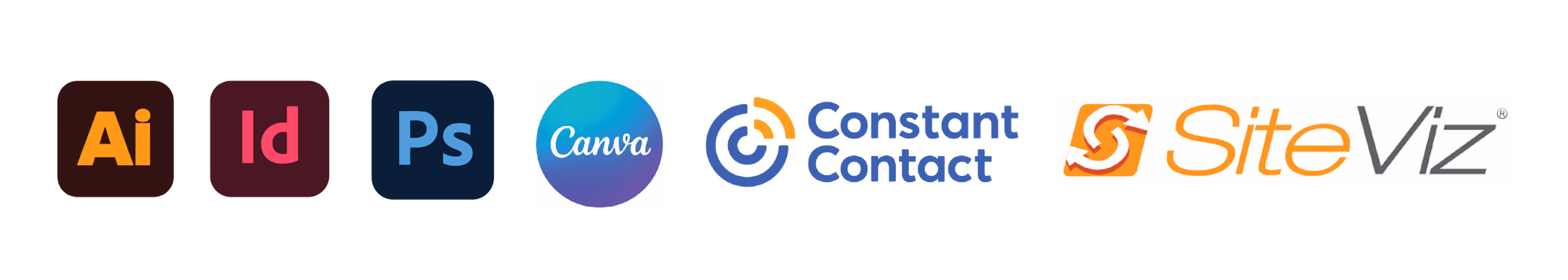 Logos of Adobe Illustrator, Adobe InDesign, Adobe Photoshop, Canva, Constant Contact, SiteViz